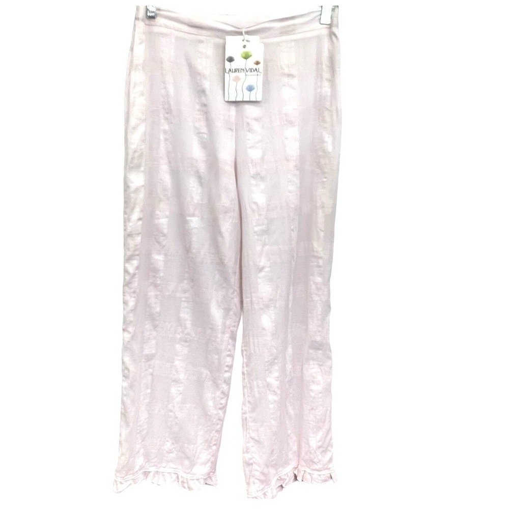 Lauren Vidal Linen Blend Wide Leg Pants Light‎ Pink Textured Ruffle Hem Women M